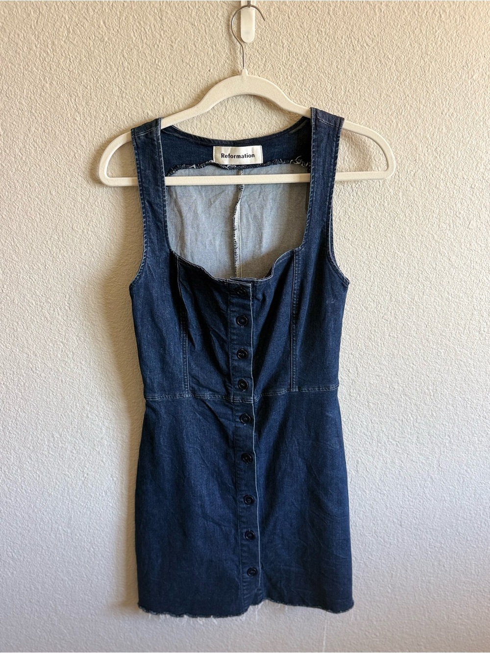 Reformation Lars Denim Mini Dress 100% Cotton Square Neck Dark Wash Size 4 - Picture 2 of 8